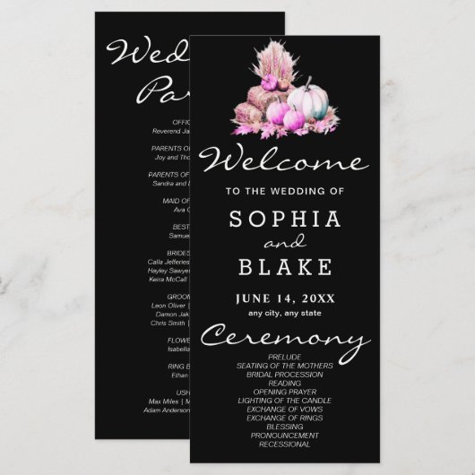 Pink & White Pumpkins Fall Black Wedding Programm (Vorne/Hinten)