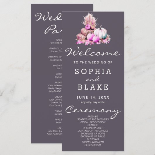 Pink & White Pumpkins Fall Gray Wedding Program (Vorne/Hinten)