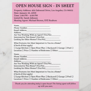 Pink & White Realtor Open House Anmeldeblatt Flyer