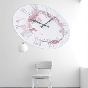 Pink White Rose Blush Gray Roman Numbers Große Wanduhr