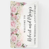 Pink White Rose Floral 50. Hochzeitstag Banner (Vertikal)