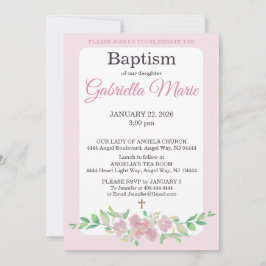 Pink White Rose Floral Watercolor Cross Baptism Einladung