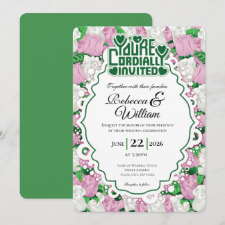 Pink & White Rose Hochzeits-Einladung - Grüne Buch Einladung