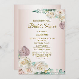 Pink White Rose Watercolor Greenery Bridal Shower Einladung