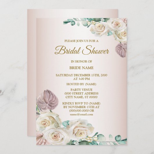 Pink White Rose Watercolor Greenery Bridal Shower Einladung (Vorne/Hinten)