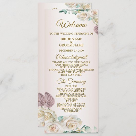 Pink White Rose Watercolor Greenery Golden Wedding Programm (Vorne/Hinten)