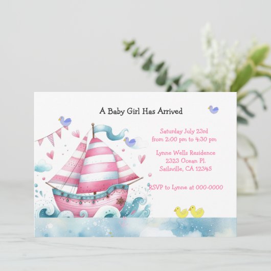 Pink White Sailboat Kinderdusche Einladung (Stehend Vorderseite)