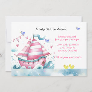 Pink White Sailboat Kinderdusche Einladung