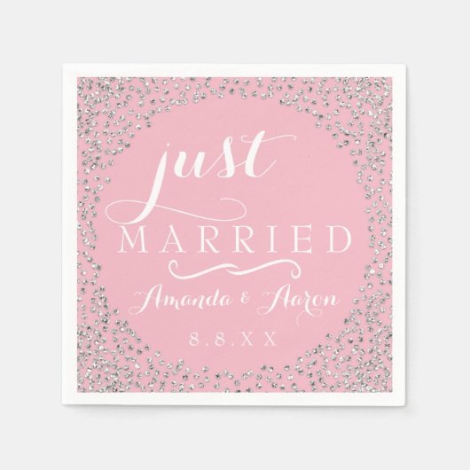 Pink White Silver Confetti Wedding Just Married Serviette (Vorderseite)