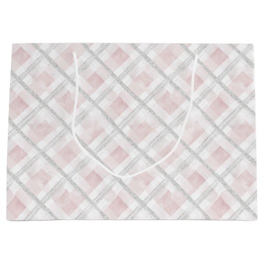 Pink White Silver Glitzer Squares Wedding Große Geschenktüte (Vorderseite)