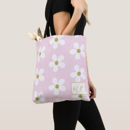 Pink White Simple Daisy Gold Monogram Tasche