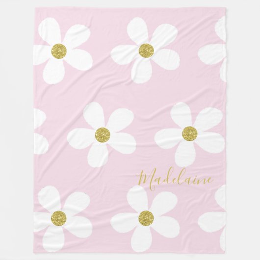 Pink White Simple Daisy Pattern Gold Personal Fleecedecke (Vorderseite)