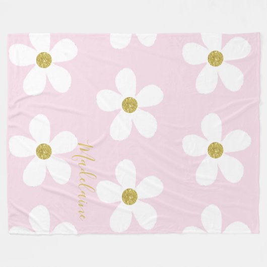 Pink White Simple Daisy Pattern Gold Personal Fleecedecke (Vorderseite (Horizontal))