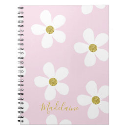 Pink White Simple Daisy Pattern Gold School Notizblock