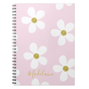 Pink White Simple Daisy Pattern Gold School Notizblock