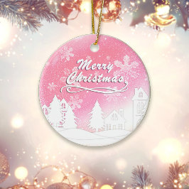 Pink White Snow House Frohe Weihnachten Neues Jahr Keramik Ornament