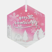 Pink White Snow House Frohe Weihnachten Ornament Aus Glas (Rückseite)