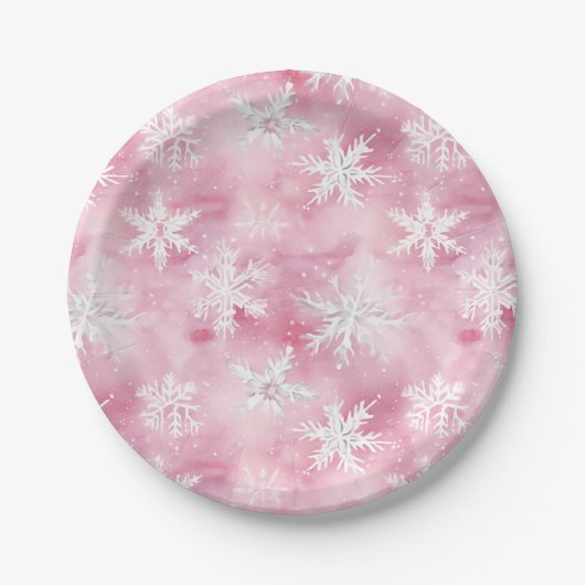 Pink White Snowflake Watercolor Muster Girl Pappteller (Vorderseite)
