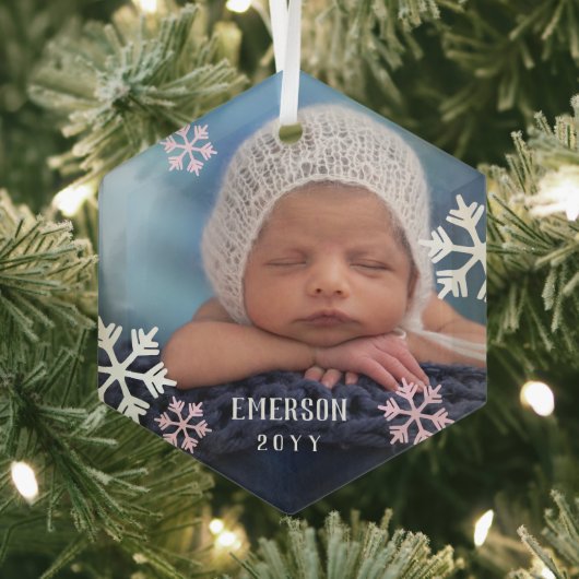 Pink White Snowflakes Baby Foto Name & Jahr hinzuf Ornament Aus Glas (Insitu)