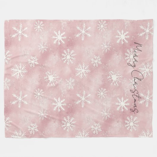 Pink White Snowflakes Christmas Fleecedecke (Vorderseite (Horizontal))