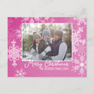 Pink White Snowflakes Minimalistisches Weihnachtsf Feiertagspostkarte
