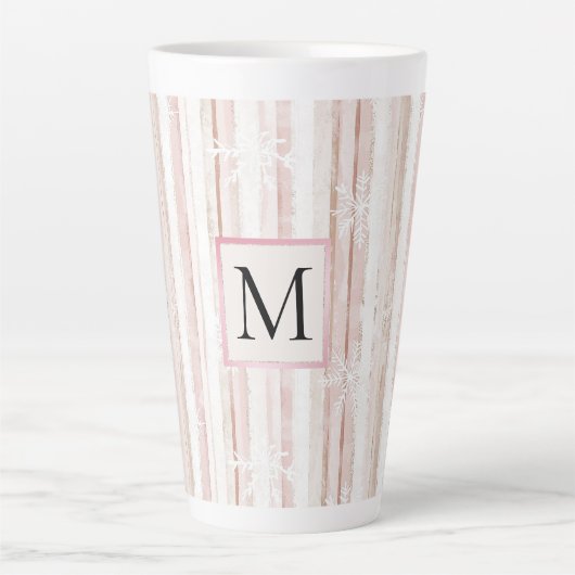 Pink White Snowflakes Stripes Monogram Milchtasse (Vorderseite)