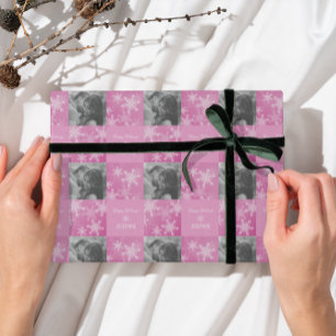 Pink White Snowlfake Minimalistisches Foto Weihnac Geschenkpapier