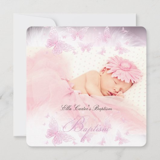 Pink White Sparkle Butterfly Taufe Christening Einladung (Vorderseite)