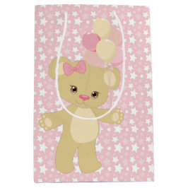 PINK & WHITE STARS & TAN TEDDY BEAR BALLOONS MITTLERE GESCHENKTÜTE