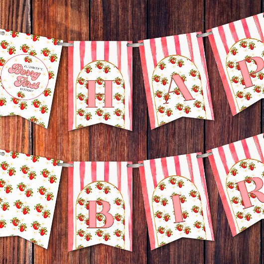 Pink White Strawberry Berry Erster Glückwunsch zum Wimpelkette