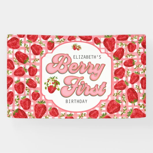 Pink White Strawberry Pattern Berry Erster Geburts Banner (Horizontal)