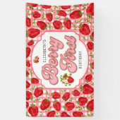 Pink White Strawberry Pattern Berry Erster Geburts Banner (Vertikal)