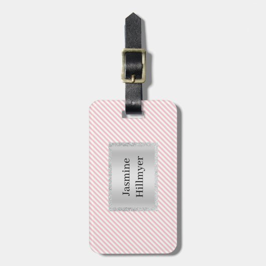 PINK WHITE STRIPE GLITZER CUSTOM LUGGAGE TAG GEPÄCKANHÄNGER (Vorderseite vertikal)