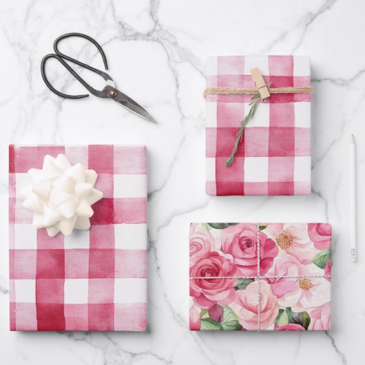 Pink White Stripes Floral Birthday Geschenkpapier Set (Vorderseite)