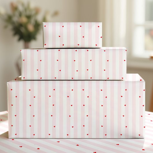 Pink White Stripes + Hearts Wrapping Paper Geschenkpapier