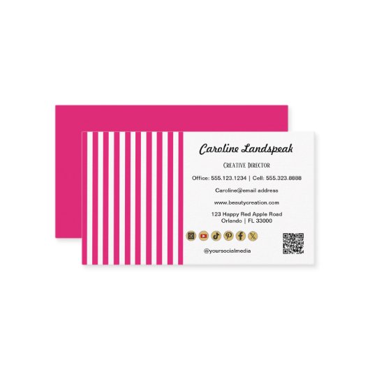 Pink White Stripes, QR Code & Social Media Icon Visitenkarte (Vorderseite/Rückseite Beispiel)
