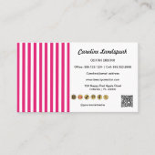 Pink White Stripes, QR Code & Social Media Icon Visitenkarte (Vorderseite)