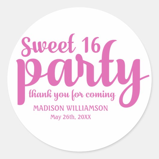 Pink & White Sweet 16 Danke Personalisiert Runder Aufkleber (Vorderseite)