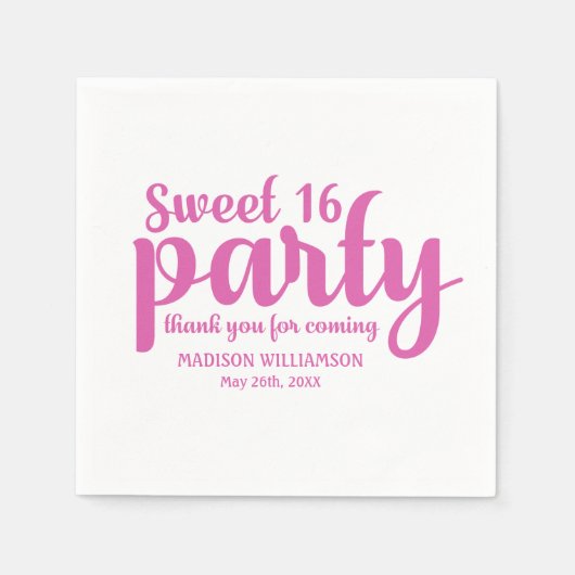 Pink & White Sweet 16 Danke Personalisiert Serviette (Vorderseite)