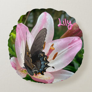 Pink White Tiger Lililly Blume Blue Butterfly Name Rundes Kissen