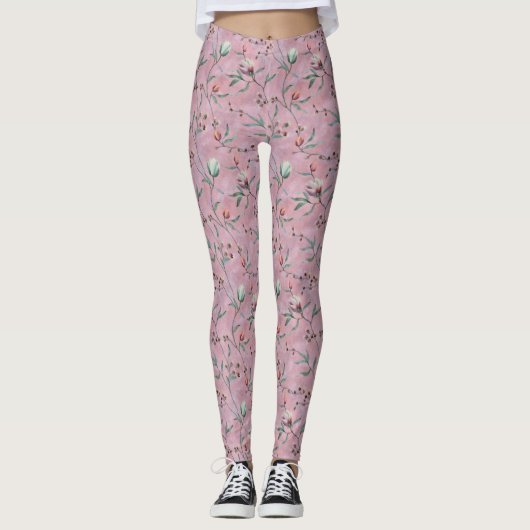 Pink & White Tulips Muster Leggings (Vorderseite)