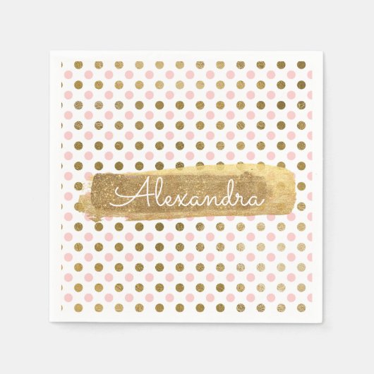 Pink, White und Gold Foil Polka Dose Name Serviette (Vorderseite)