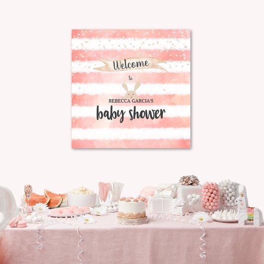 Pink White Watercolor Bunny Baby Dusche Poster