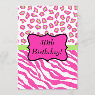 Pink White Zebra Leopard 40. Geburtstags-Party Einladung