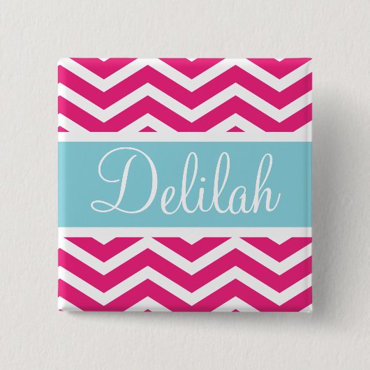Pink White Zickzack Blue Individuelle Name Button (Vorderseite)