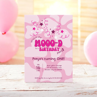 Pink Who's in the MOOO-D Cow Print 1st Birthday Einladung