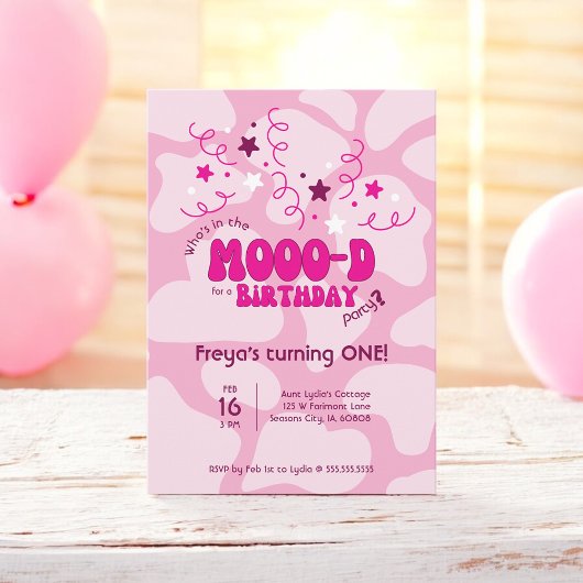 Pink Who's in the MOOO-D Cow Print 1st Birthday Einladung