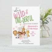 Pink Wild and Onederful Baby's First Birthday Einladung (Stehend Vorderseite)