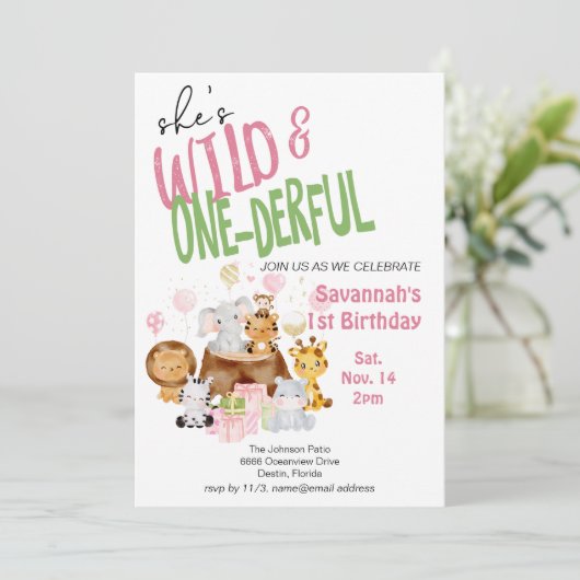 Pink Wild and Onederful Baby's First Birthday Einladung (Stehend Vorderseite)