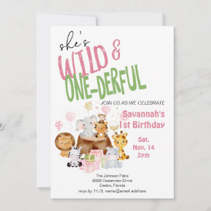 Pink Wild and Onederful Baby's First Birthday Einladung